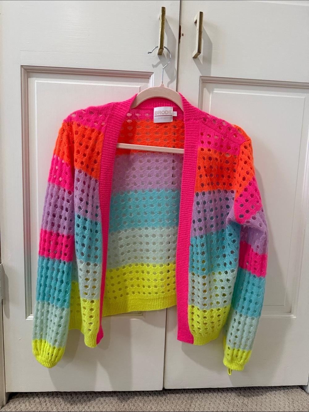Neon Stripe Open-Knit Cardigan Sweater - BRÖDIE - Neon Pink & Multi